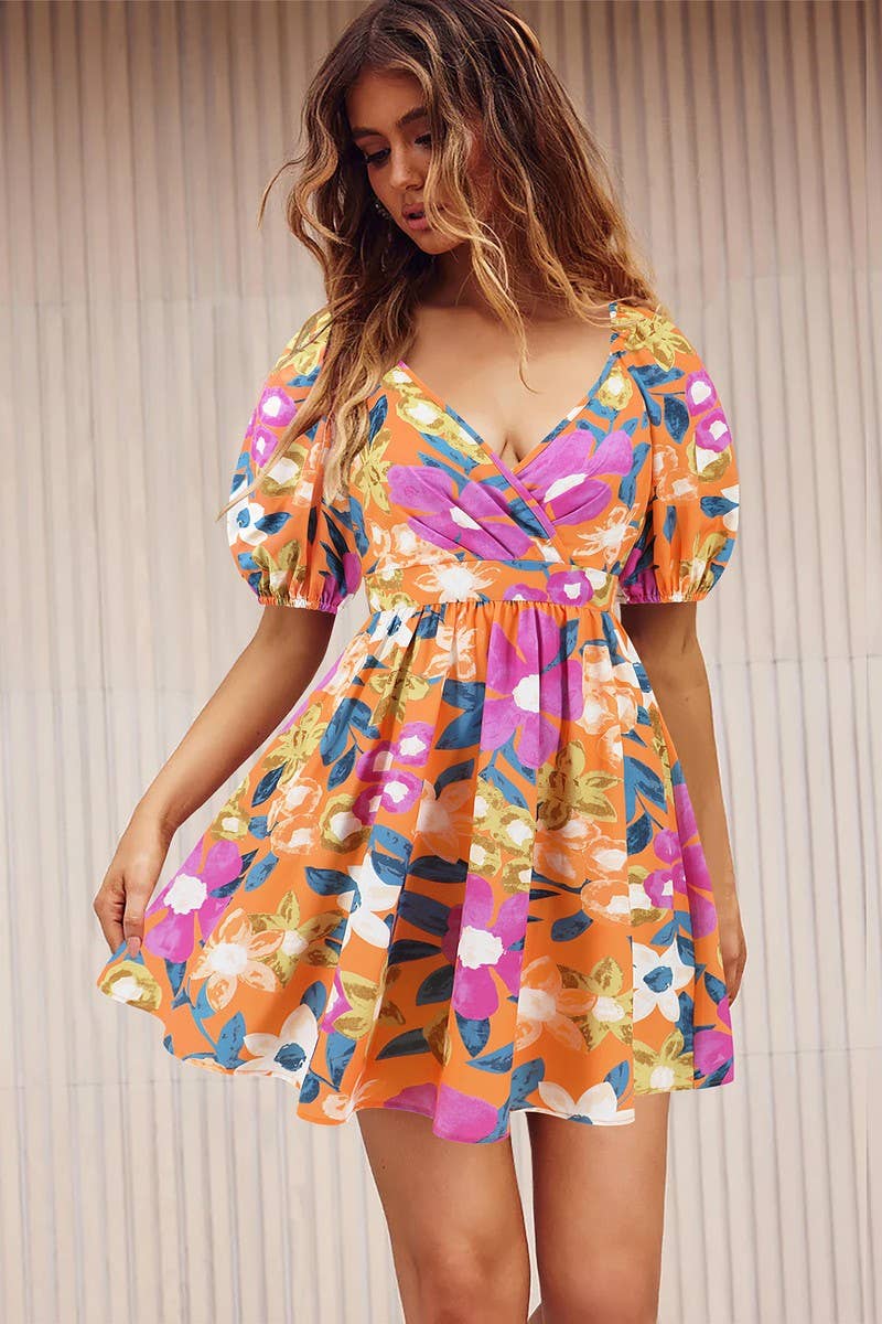 Callah Orange Floral Keyhole Dress