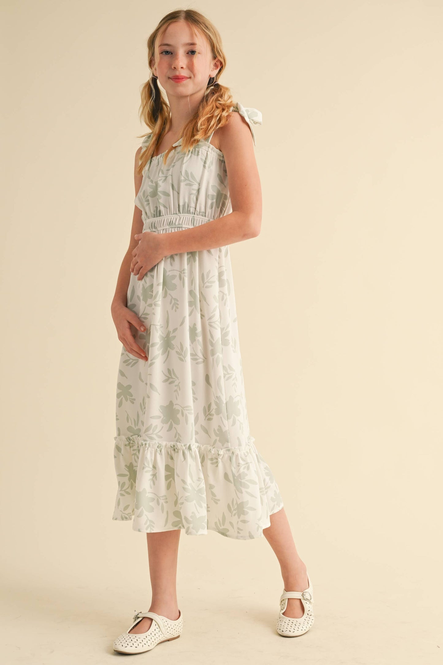Girls Madeline Green Floral Midi Dress
