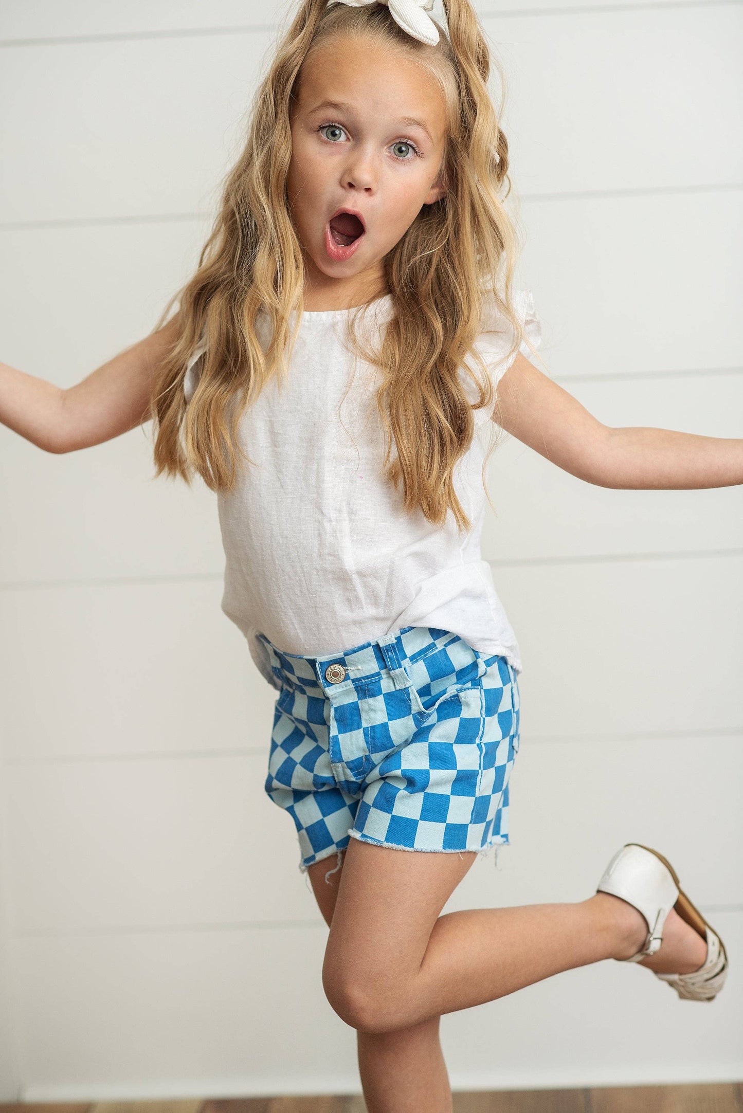Girls Checkered Denim Blue Shorts