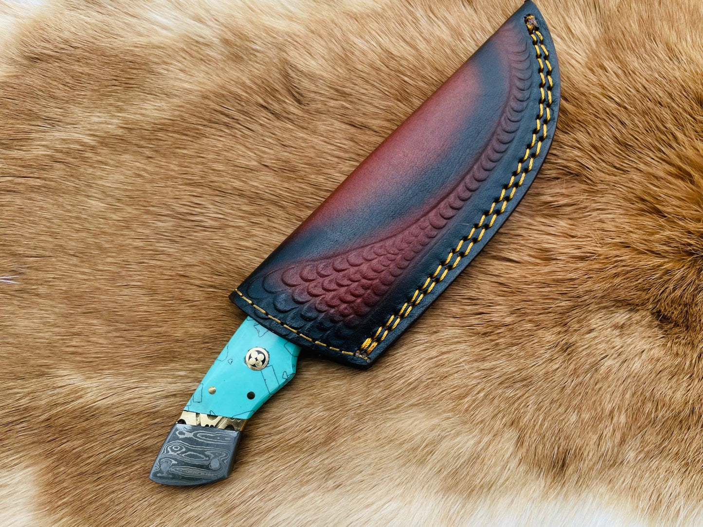 Titan Damascus Azure Fusion Utility Knife with Leather Bolster