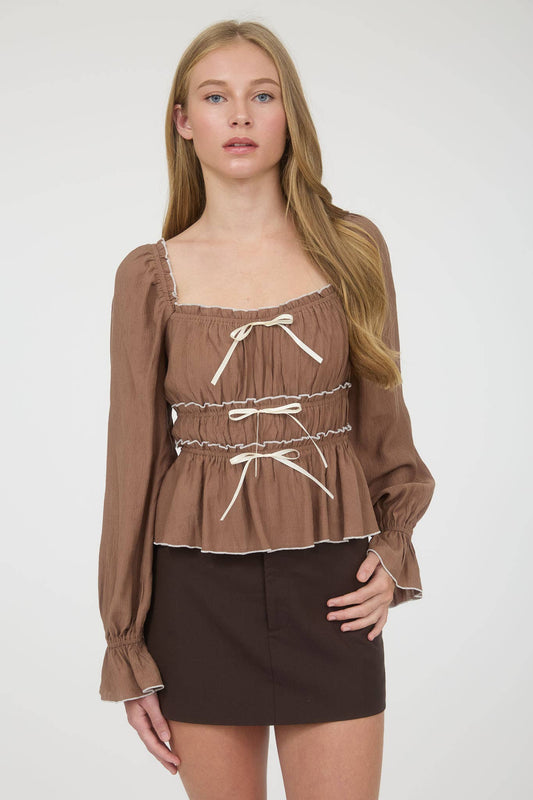 **SALE!** Honey Contrast Bow Longsleeve Blouse (Size Large)