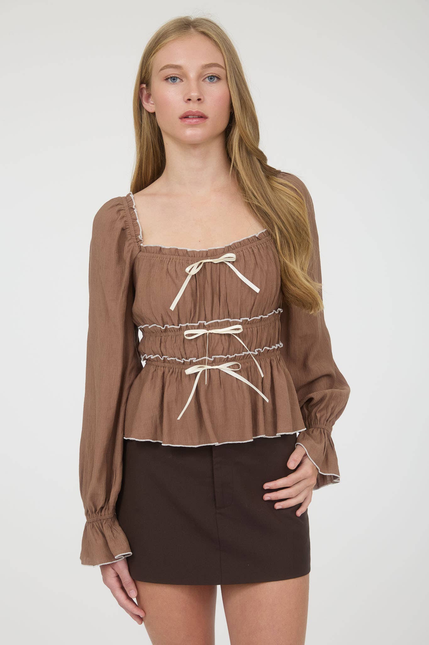 Honey Contrast Bow Longsleeve Blouse
