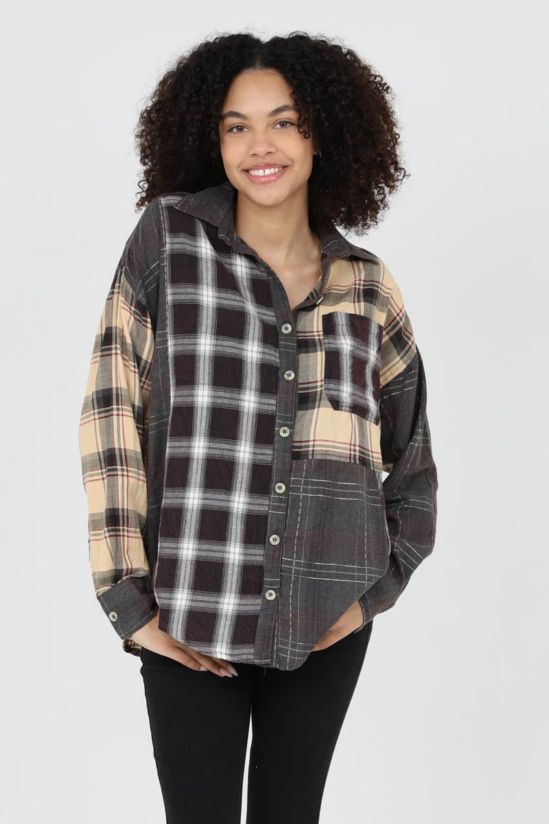 Mixed Plaid Charcoal Buttondown