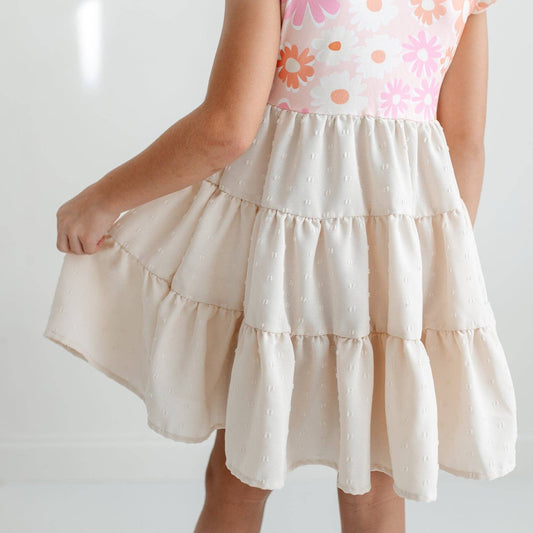 Girls Pastel Checkered Flowers Swiss Dot Beige Dress