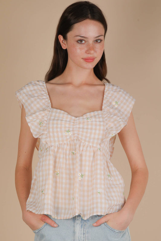 Emmy Gingham Daisy Embroidered Blouse