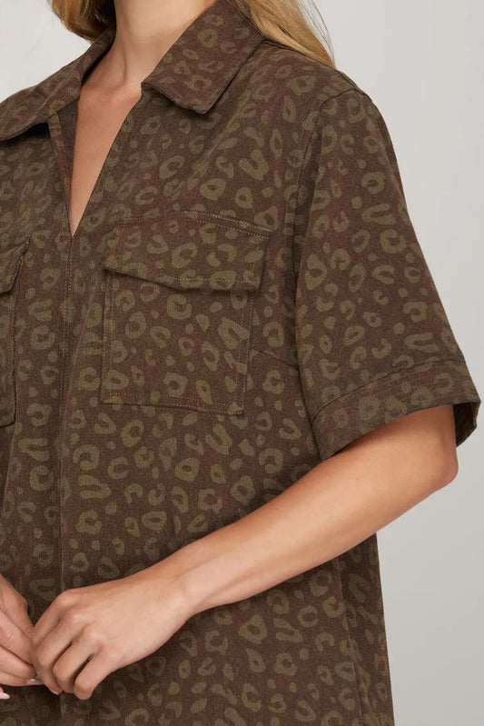 Octavia Leopard Collared Brown Dress