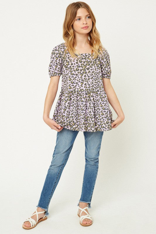 Girls Lavendar Leopard Peplum Top