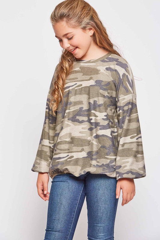 Girls Camo Bubble Sleeve Top