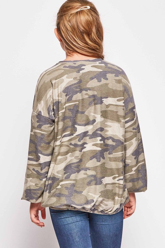 Girls Camo Bubble Sleeve Top