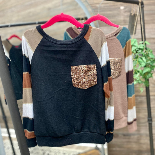**SALE!** Girls Striped Raglan with Sequin Pocket