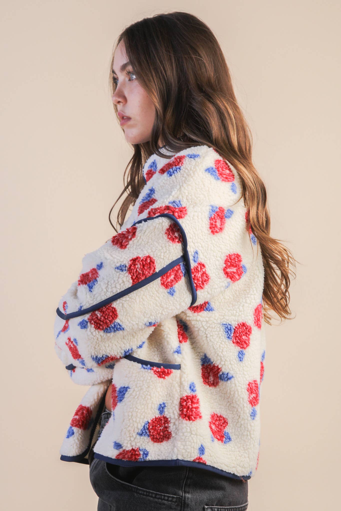 Danielle Floral Sherpa Ivory & Red Jacket