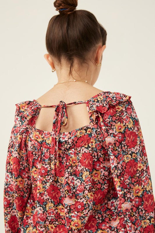Girls Floral Longsleeve Ruffle Top