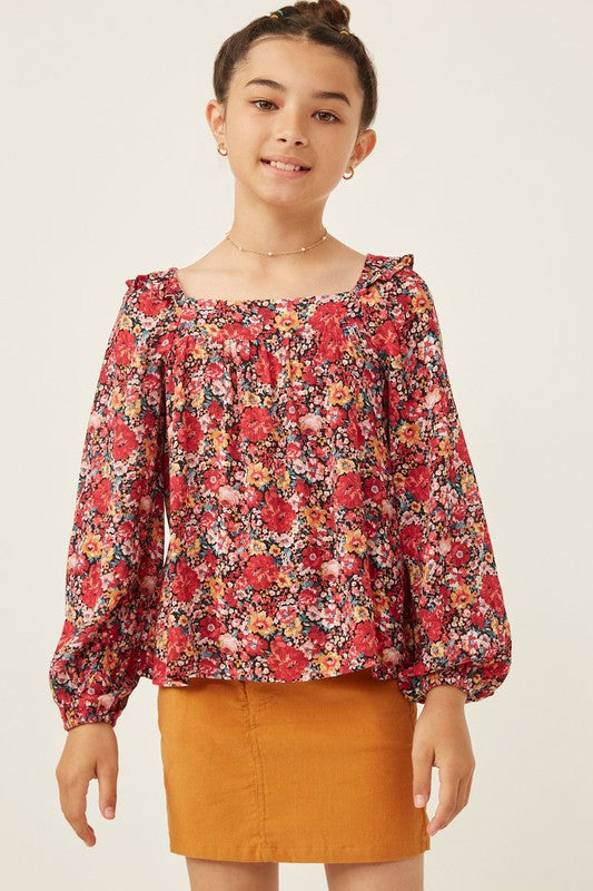 Girls Floral Longsleeve Ruffle Top