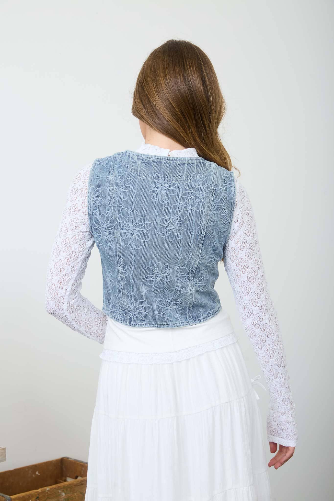 Matilda Fitted Floral Denim Bow Vest