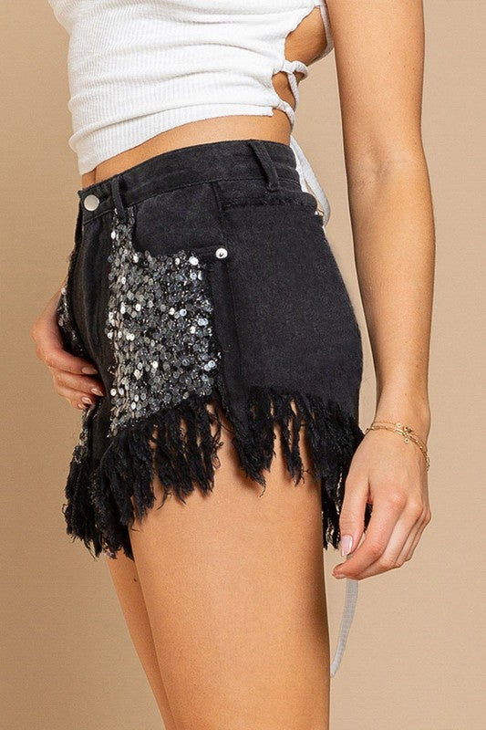 **SALE!** Popano Black Sequin Denim Shorts