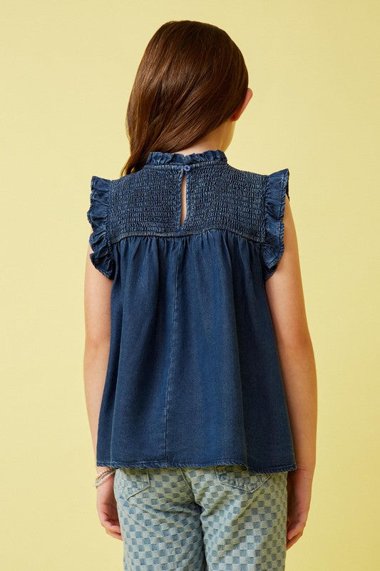Girls Denim Tencel Smocked Top