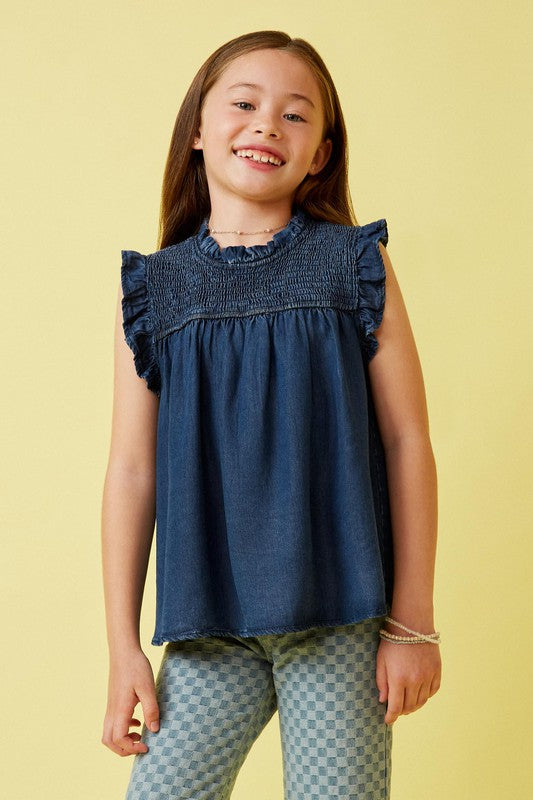 Girls Denim Tencel Smocked Top