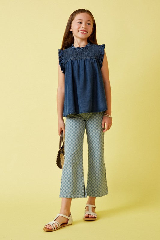 Girls Denim Tencel Smocked Top