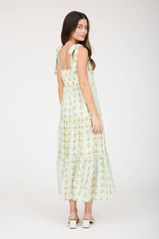 Fenrin Floral Stripe Tiered Midi Blue Dress
