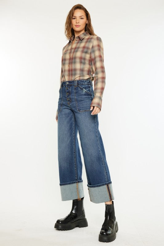 Kancan Beanie Cropped Wide Leg Cuff Jeans