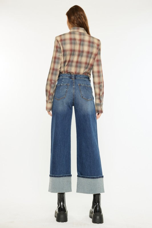 Kancan Beanie Cropped Wide Leg Cuff Jeans
