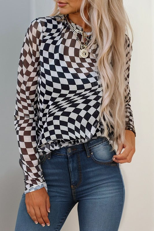 Abstract Checkered Mesh Black Top