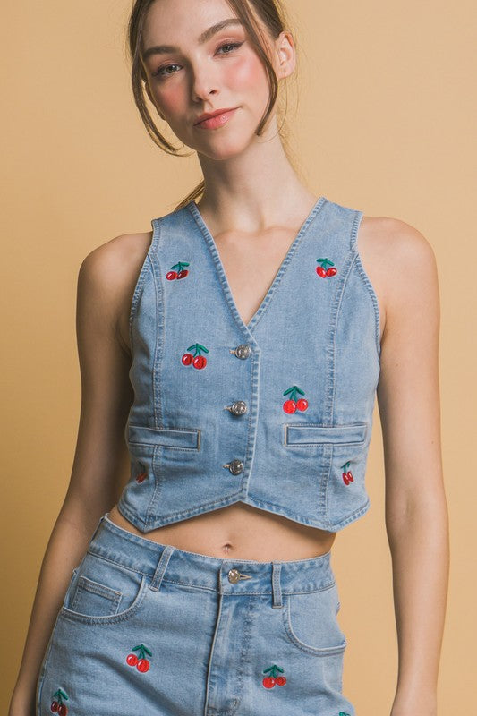 Cherry Embroidered Denim Vest