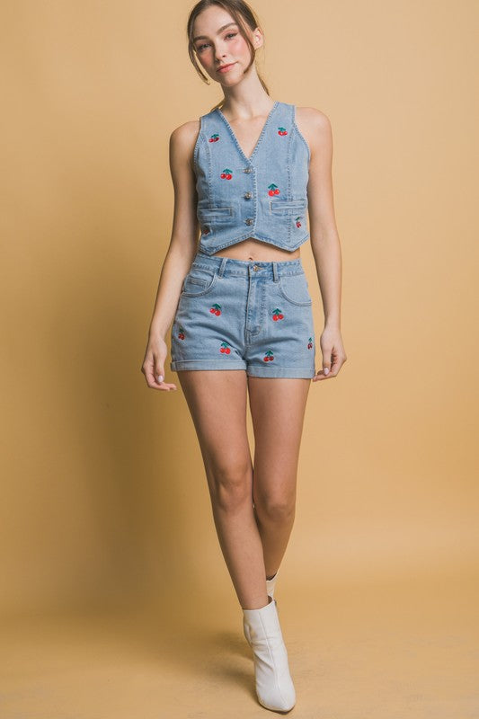 Cherry Embroidered Denim Vest