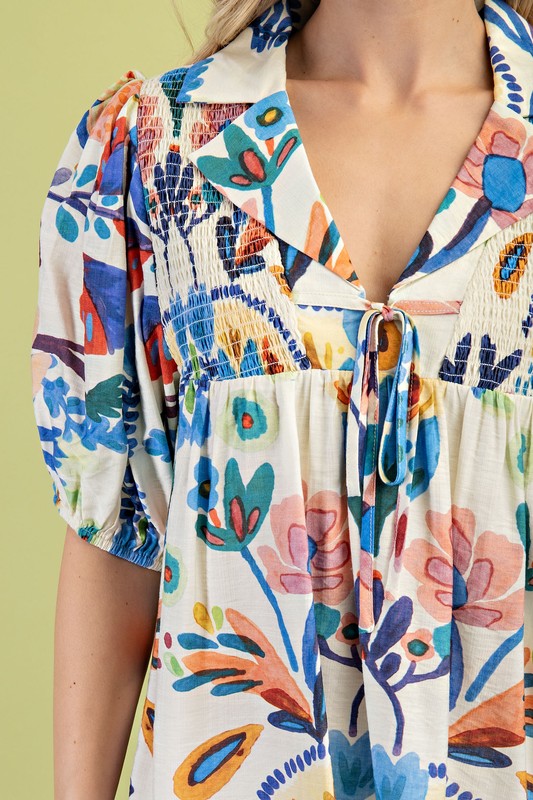 Watercolor Collared Blue Blouse