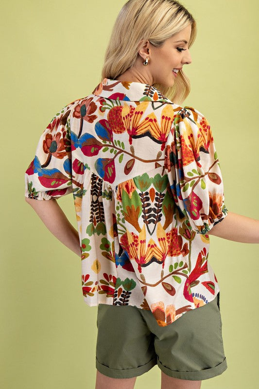 Watercolor Collared Brown Blouse