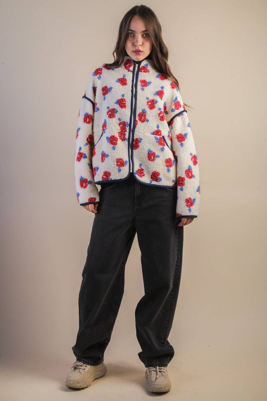 Danielle Floral Sherpa Ivory & Red Jacket