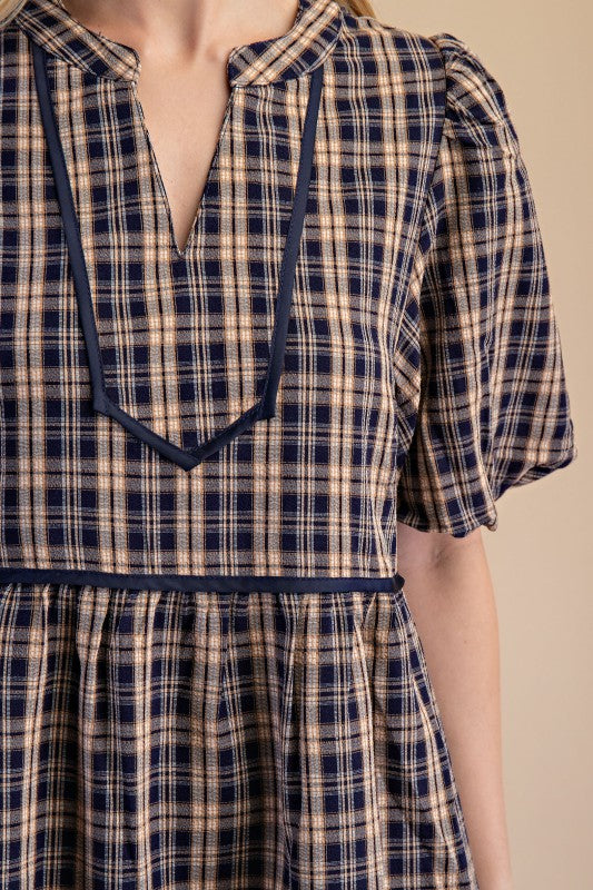 Linnet Plaid Babydoll Navy Dress