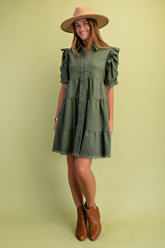 Elaine Linen Buttondown Tiered Olive Dress
