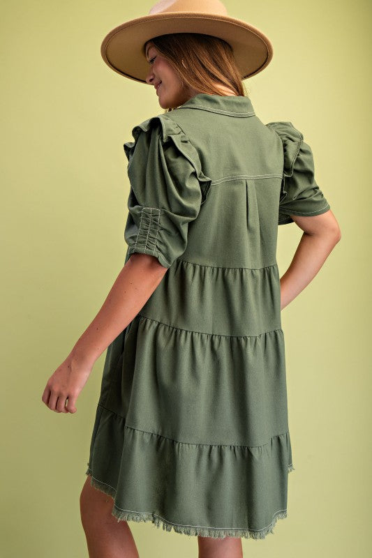 Elaine Linen Buttondown Tiered Olive Dress