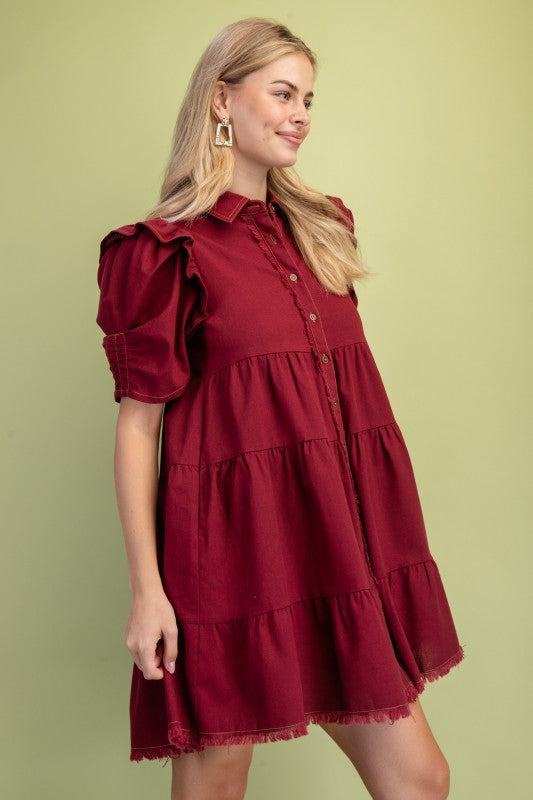 Elaine Linen Buttondown Tiered Burgundy Dress
