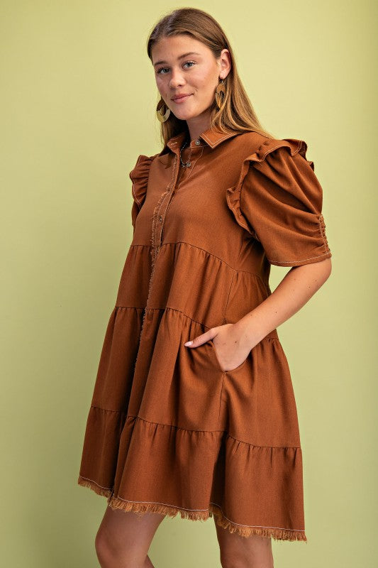 Elaine Linen Buttondown Tiered Caramel Dress