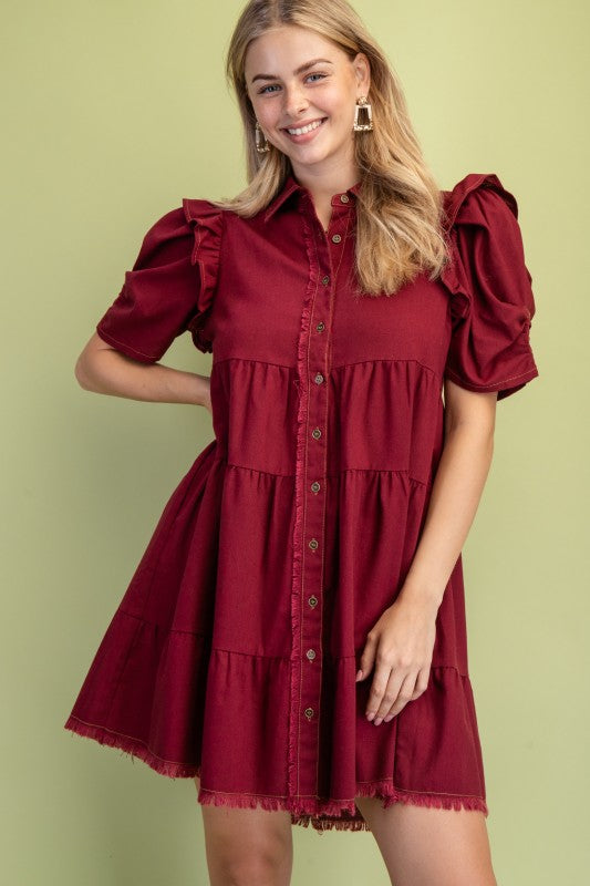 Elaine Linen Buttondown Tiered Burgundy Dress
