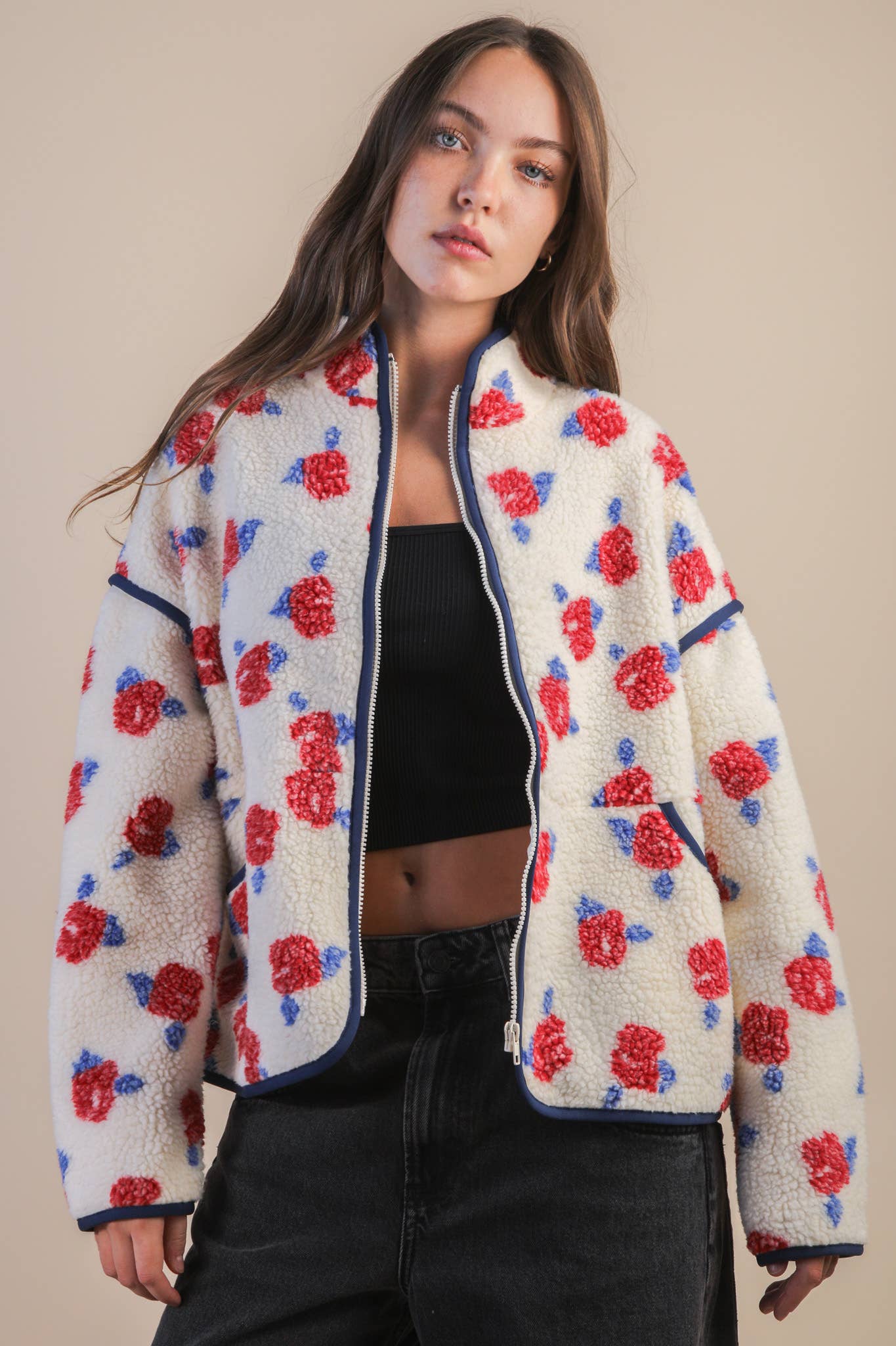 Danielle Floral Sherpa Ivory & Red Jacket