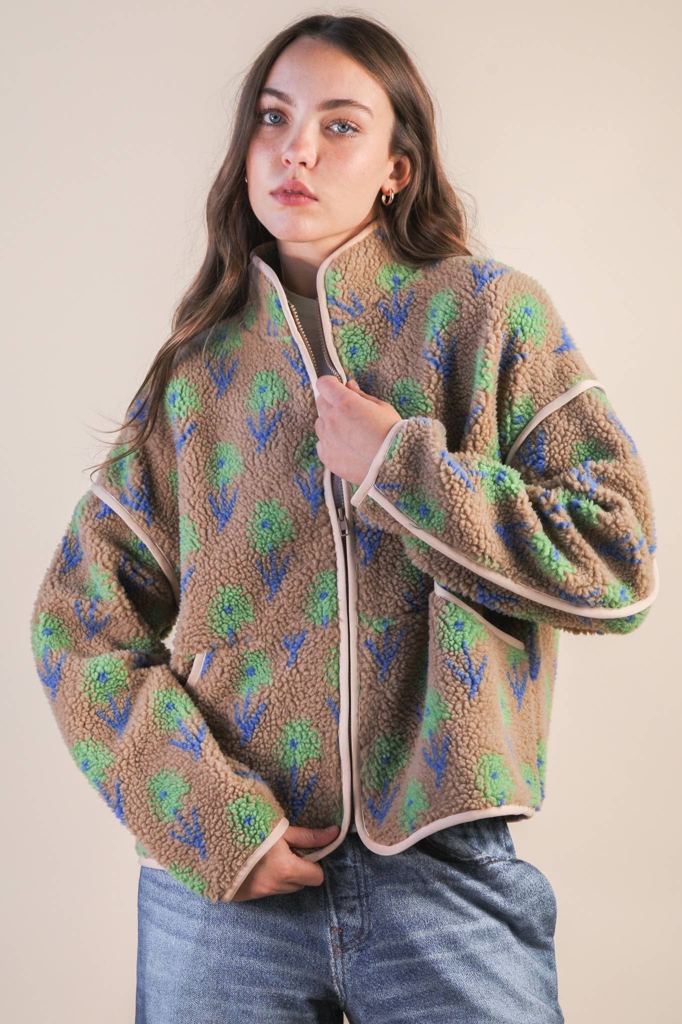 Danielle Floral Sherpa Brown & Green Jacket