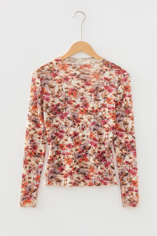 Crimson Floral Mesh Top