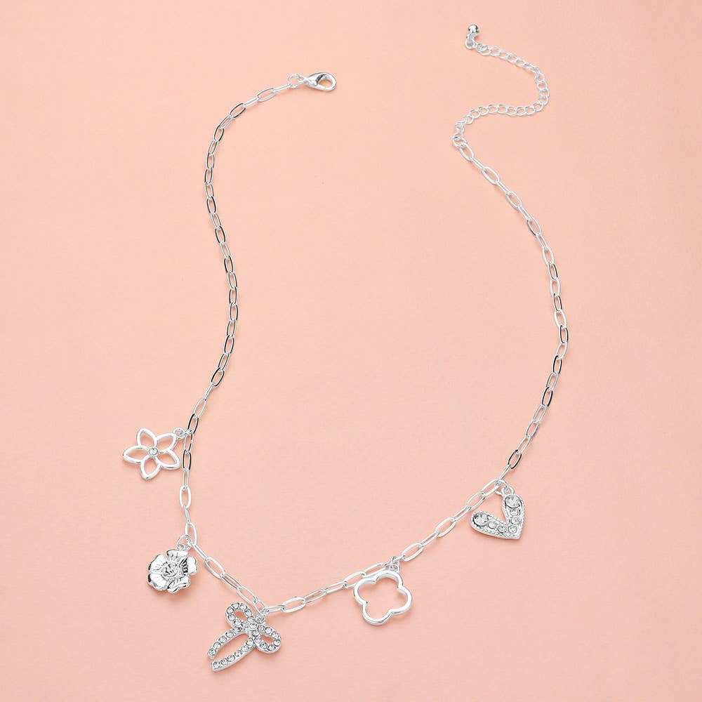 Lennox Rhinestone Bow Charm Silver Necklace
