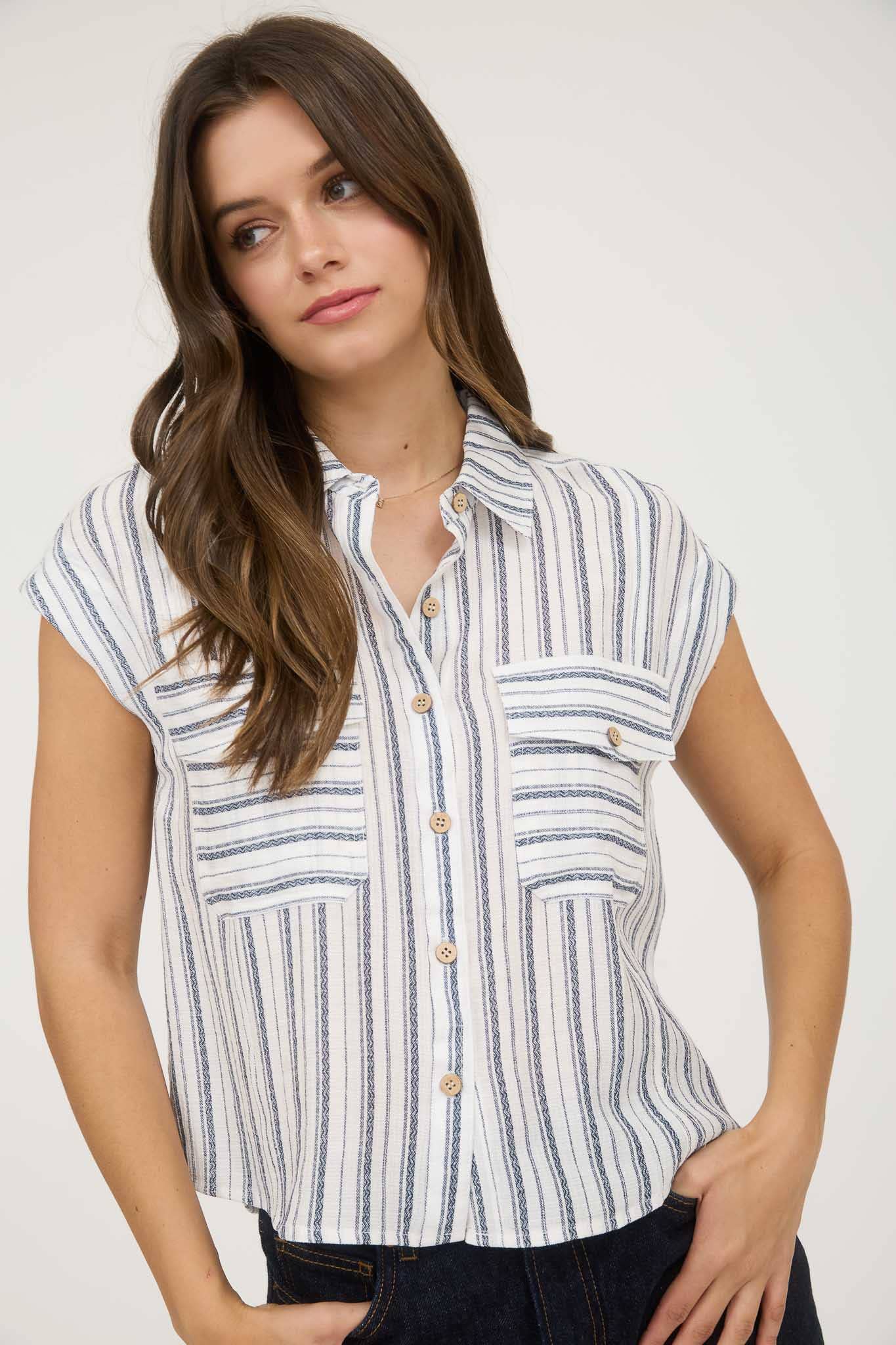 Addison Striped White & Navy Buttondown