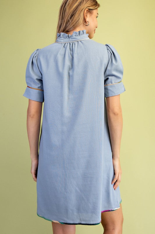 Linen Abstract Embroidered Blue Buttondown Dress