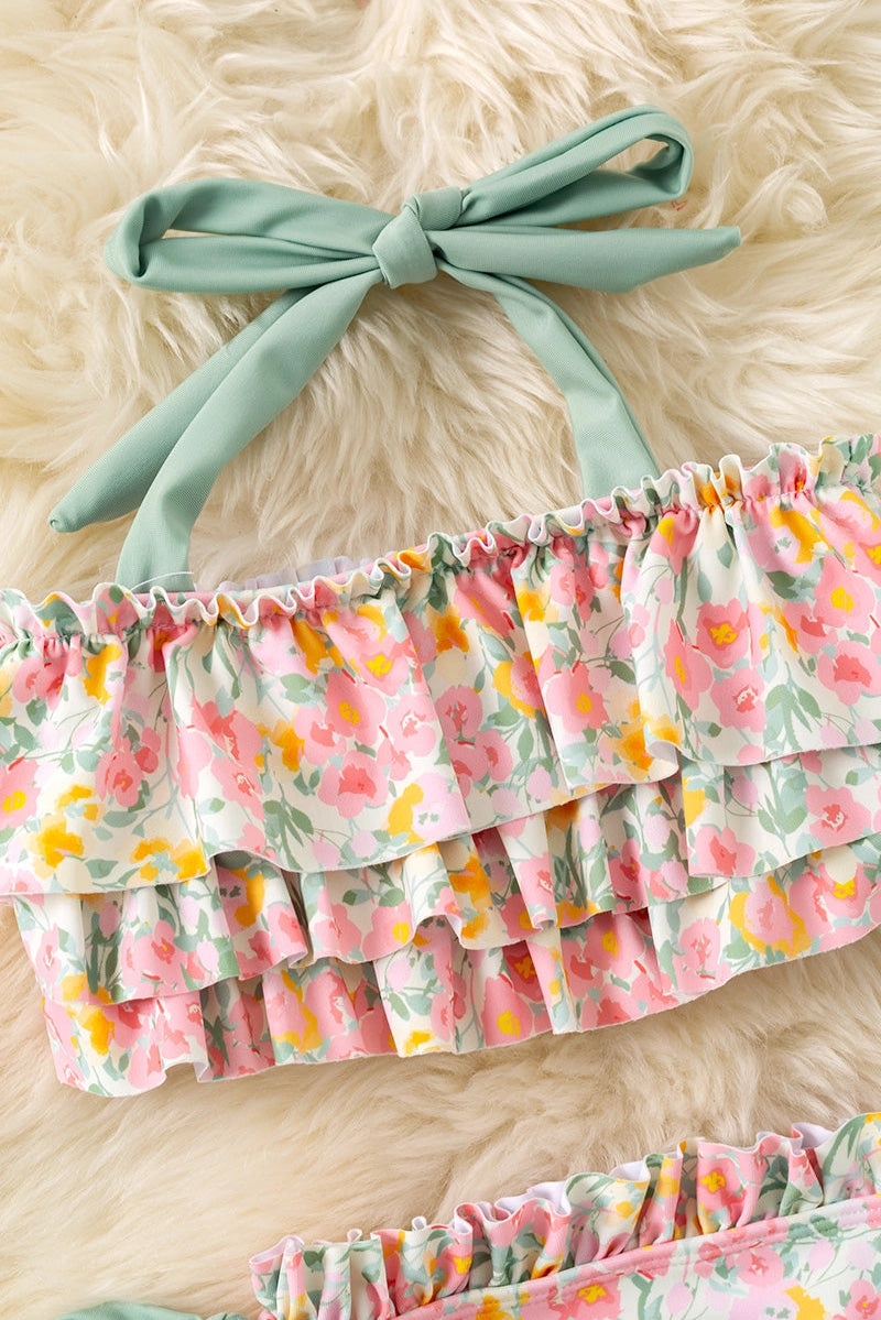 Girls Max Ruffle Floral Green Tie Bikini