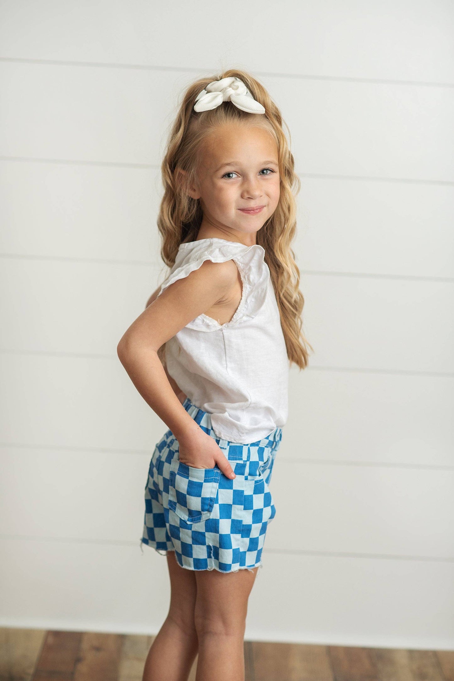 Girls Checkered Denim Blue Shorts