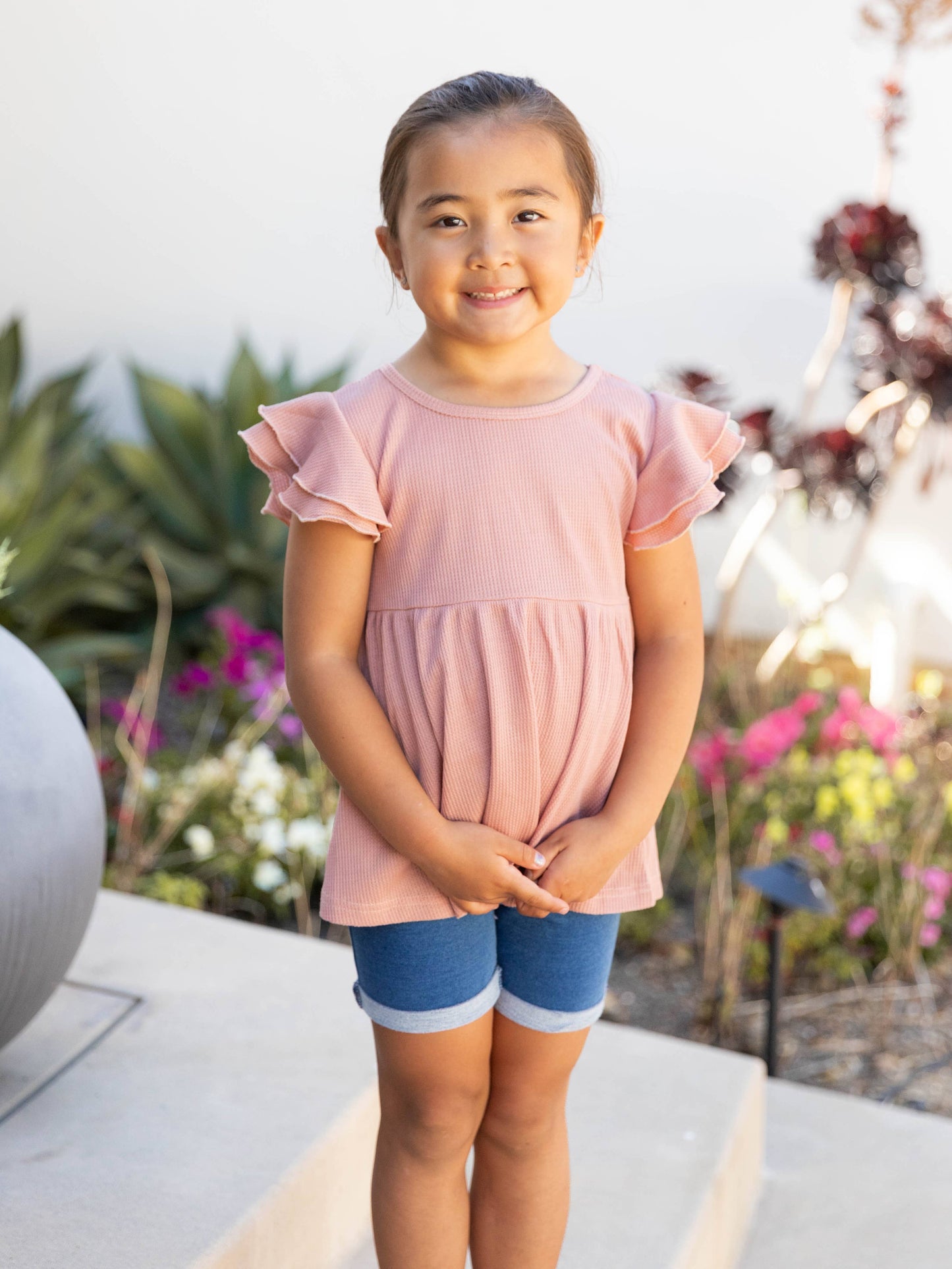 Girls Flutter Sleeve Waffle Peplum Blouse