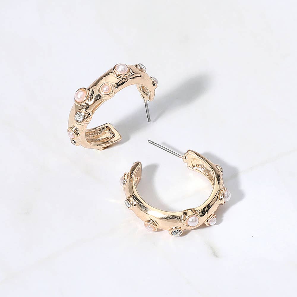 Palmer Pearl Embellished Textured Gold Hoop Earrings