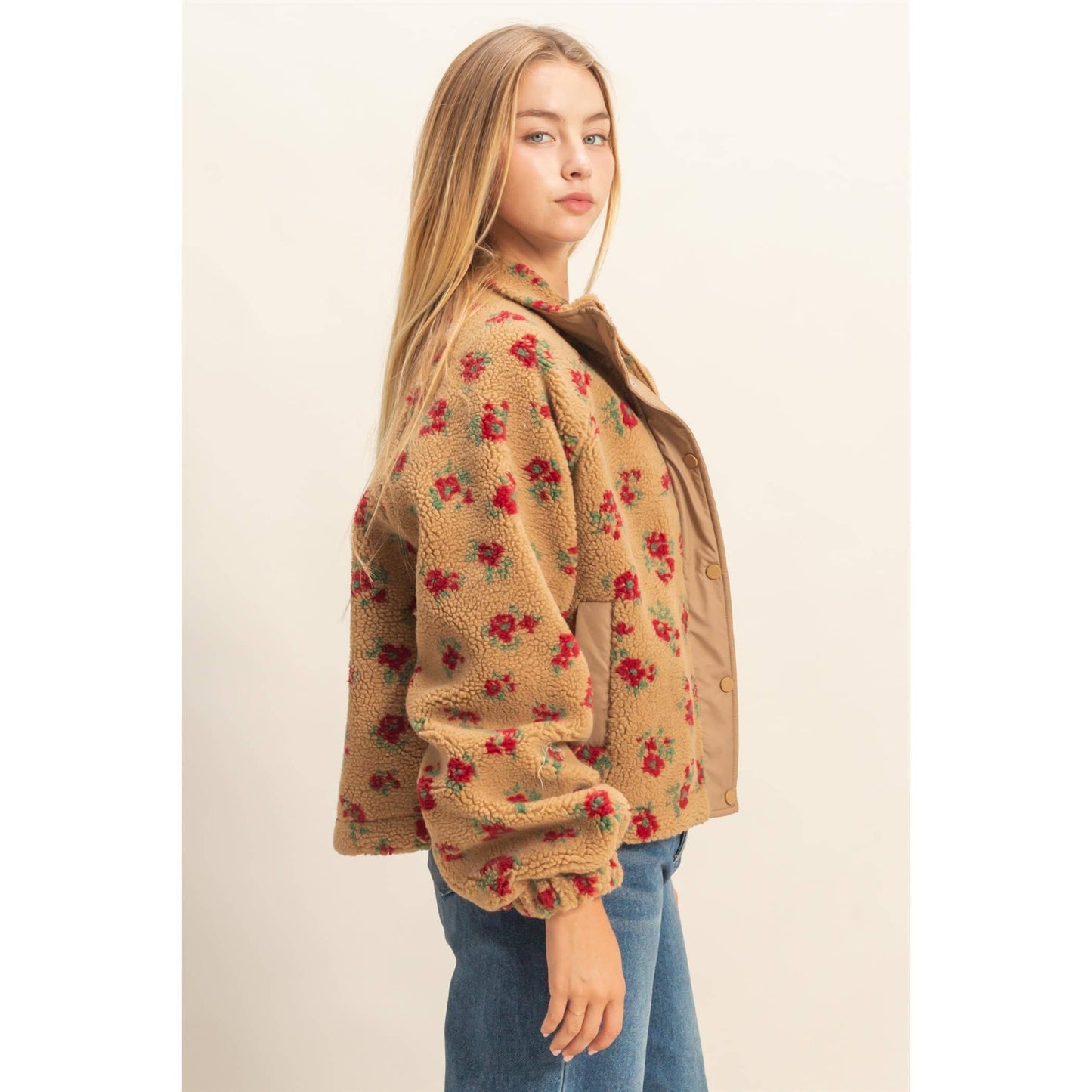 Dawn Floral Sherpa Tan & Maroon Jacket
