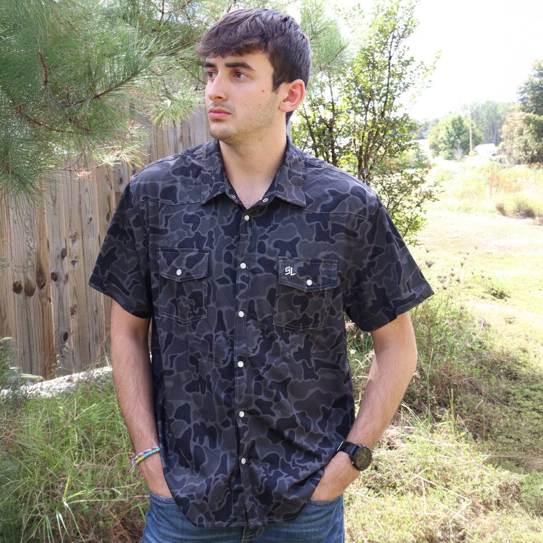 Mens Southern Limit Pearl Snap Charcoal Duck Camo Shirt