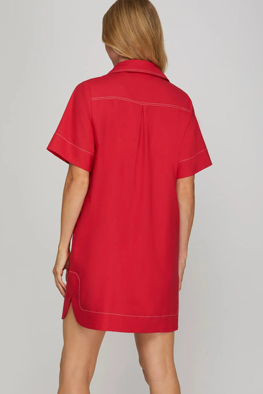 Tempest Contrast Stitch Buttondown Red Dress